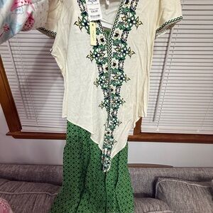 Max Studio Cream Top with Green and Blue Floral Embroidery